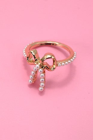 Gold Pearl Bow Ribbon Ring